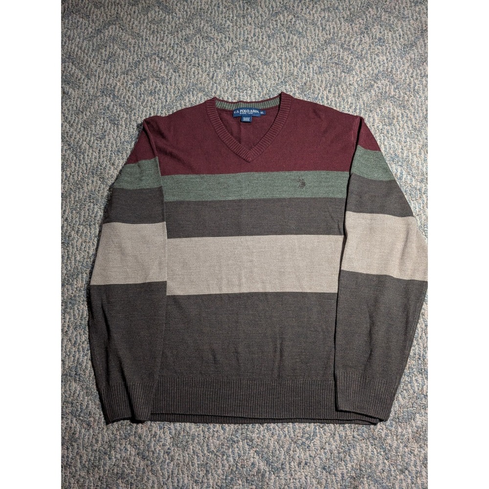 US Polo Assn Mens XL Striped Crewneck Sweater Burgundy Green Brown BVUS15242